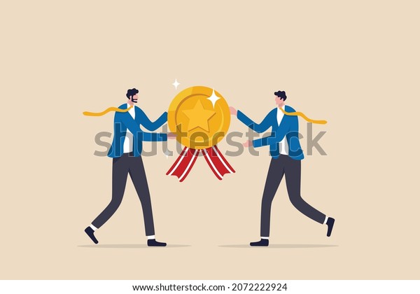 Employee award recognition, success achievement\
reward or top star performer of the month, best sales champion or\
certificate concept, businessman boss giving golden star badge to\
winning employee.