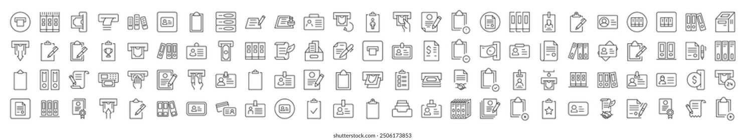 Employee Badge, Documents, Clipboard, ID Card Line Icon Bundle. Editable Stroke. Minimalistic Linear Pictogram for Design of Cards, Apps, Banners, Posts