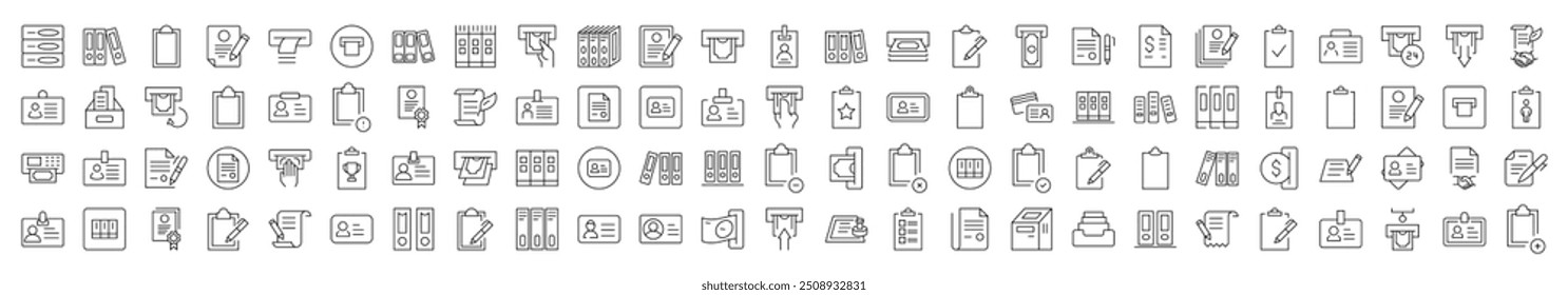 Employee Badge, Documents, Clipboard, ID Card Outline Web Line Icons Collection. Editable Stroke. Minimalistic Linear Pictogram for Design of Cards, Apps, Banners, Posts