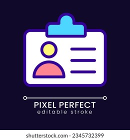 Employee badge pixel perfect RGB color icon for dark theme. Worker identification. Security and access. Simple filled line drawing on night mode background. Editable stroke. Poppins font used