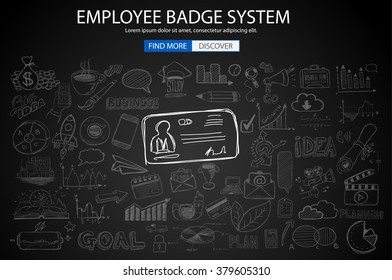 Employee Badge System concept with Doodle design style: working hours report, presence at job, puntuality. Modern style illustration for web banners, brochure and flyers.