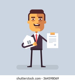 An employee of the bank hands an eviction notice. Vector illustration in flat design.