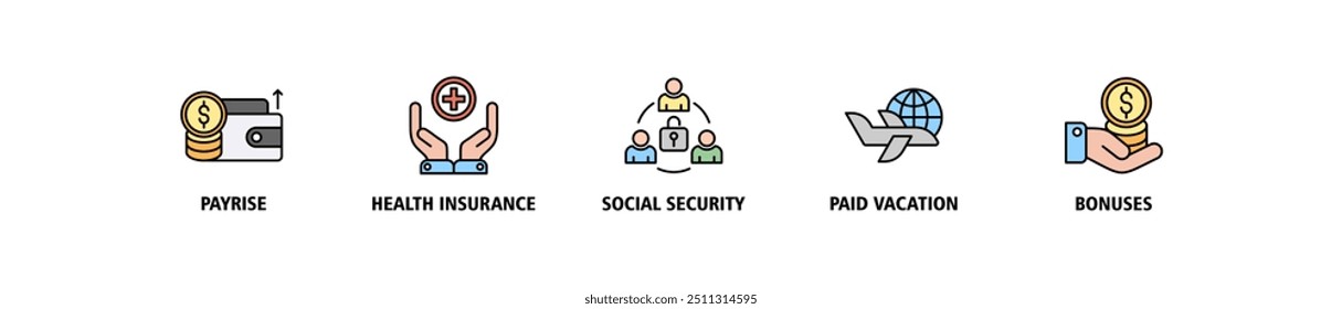 Ilustração vetorial do ícone da web da bandeira do benefício do funcionário com o ícone do aumento do pagamento, seguro de saúde, segurança social, férias pagas e ícones de bônus perfeito fundo do símbolo e fácil de editar