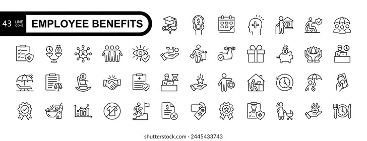 Employee benefit editable stroke  icons set. Included icons as teamwork ,insurance, paid Vacation, pension, social Security. Vector illustration 