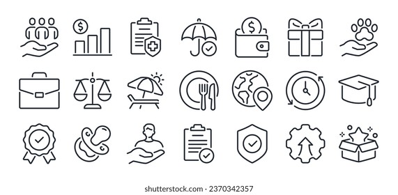 Employee benefit editable stroke outline icons set isolated on white background flat vector illustration. Pixel perfect. 64 x 64.