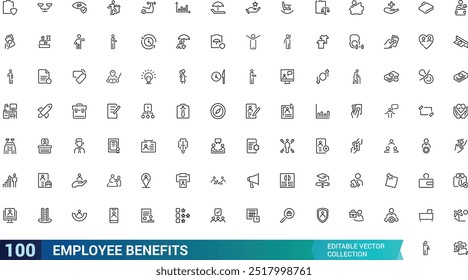Benefício do funcionário editável traçado contorno ícones conjunto, linha fina mínima ícone web conjunto. Coleção de ícones de estrutura de tópicos. edite um conjunto de ícones de traçado.