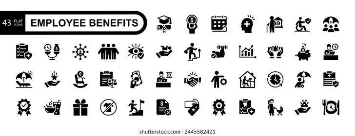 Flache Symbole für Mitarbeitervergütungen. Einschließlich Symbole wie Teamarbeit, Versicherung, bezahlter Urlaub, Rente, soziale Sicherheit. Vektorillustration