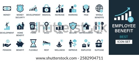 Employee benefit icon set collection. Development, money, security, working, development, paid, whole benefit, meal and best solid icon set.