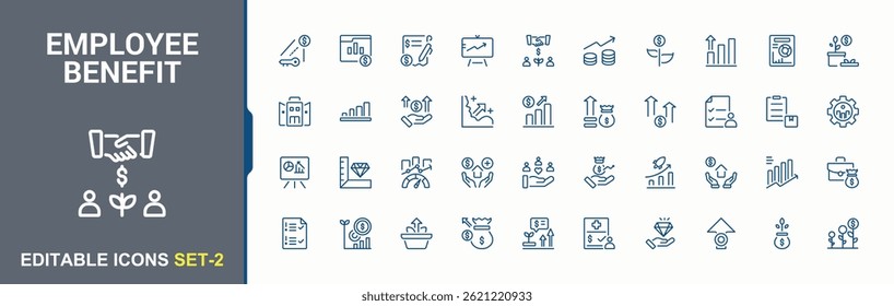 Conjunto de ícones de Benefício do Funcionário. Contém informações relacionadas a presentes, pagamentos, recompensas, benefícios e muito mais. Conjunto de ícones de benefícios. Conjunto mínimo de ícones da Web de linha fina. Ilustração e arte vetorial.