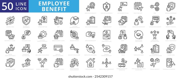 Employee benefit icon set with health insurance, retirement plan, paid time off, fsa, dental coverage, vision care, eap, health saving account, and flexible work