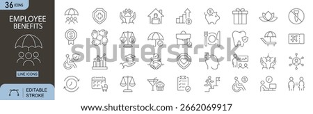 Employee Benefit icons set. Includes icons for health insurance, bonuses, paid leave, retirement, wellness, training, flexible hours, and other workplace perks. Editable stroke. Line icons. 