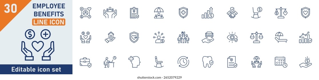 Conjunto de ícones de linha de Benefícios de Funcionário. Conjunto de 30 ícones de esboço relacionados com seguro, segurança social, pensão, bônus, férias pagas, trabalho em equipe e outros. Traçado editável. Ilustração vetorial.