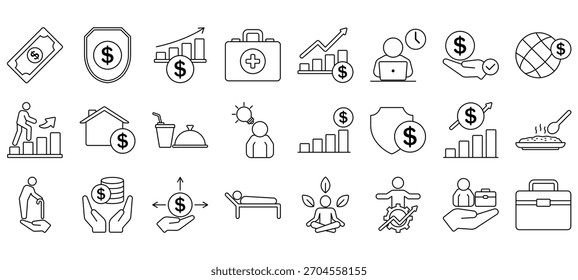 Conjunto De Ícones Do Vetor De Benefícios Do Funcionário. Mínima, Editável e Perfeita para a Interface do Usuário da Web e do Aplicativo.
