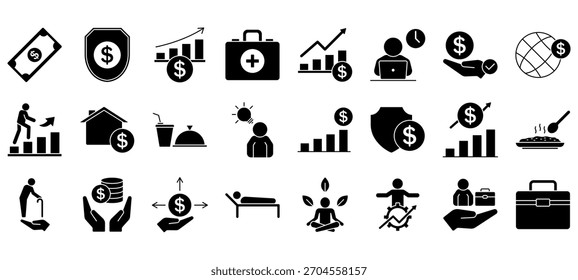 Conjunto de iconos de Vector de beneficios para empleados. Mínimo, editable y perfecto para Web y App UI.