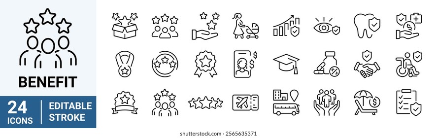 Employee benefit web line icons. Included icons as teamwork, insurance, paid Vacation, pension, social Security. Vector illustration. editable stroke