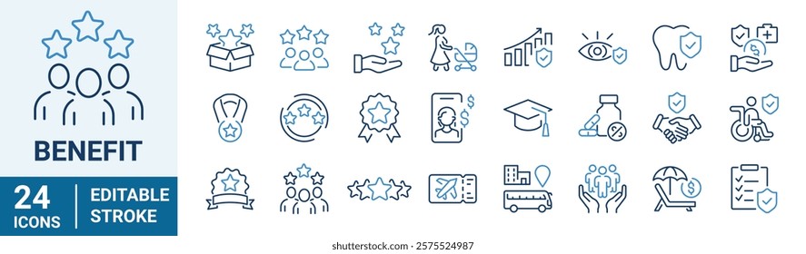 Employee benefit web line icons. Included icons as teamwork, insurance, paid Vacation, pension, social Security. Vector illustration. editable stroke