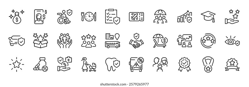 Employee benefit web line icons. Included icons as teamwork, insurance, paid Vacation, pension, social Security. Vector illustration. editable stroke