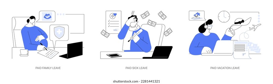 Employee benefits abstract concept vector illustration set. Paid family leave, sick leave, annual vacation benefits, pregnant woman applies for maternity compensation abstract metaphor.