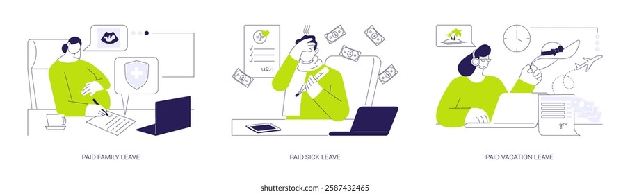 Employee benefits abstract concept vector illustration set. Paid family leave, sick leave, annual vacation benefits, pregnant woman applies for maternity compensation abstract metaphor.