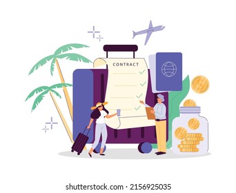 Employee benefits abstract illustration, paid vacation concept, isolated on white background. Woman goes on vacation. Employment contact with corporate benefits.