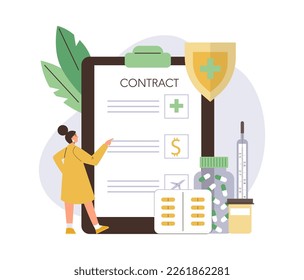 Employee Benefits banner concept with woman reading employment contract, flat vector illustration isolated on white background. Company benefits in health insurance.