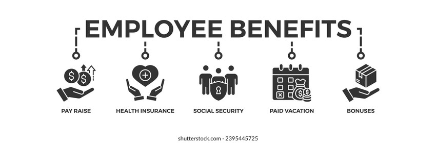 Employee benefits banner web icon vector illustration concept with icon of pay raise, health insurance, social security, paid vacation and bonuses