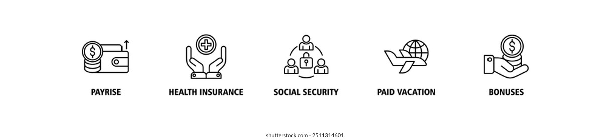 Benefícios do funcionário banner web ícone vetor ilustração conceito com ícone de aumento de pagamento, seguro de saúde, segurança social, férias pagas e bônus ícones símbolo perfeito fundo ao vivo curso editável