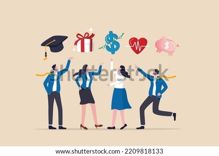 Employee benefits and compensation for staff advantage, reward or bonus payment to motivate employee concept, business people with benefits, scholarship, bonus, salary increase and health insurance.
