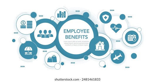 Employee benefits concept and access to welfare health, Fringe Benefits for employee engagement. Insurance, paid vacation,annual leave,pay raise and bonus. icon on circles and vector illustration.