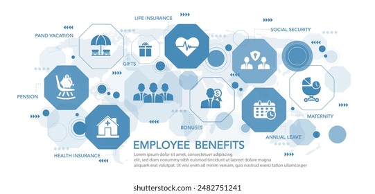 Employee benefits concept and access to welfare health, Fringe Benefits for employee engagement. Insurance, paid vacation,annual leave,pay raise and bonus. icons and vector illustration.