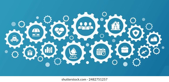 Employee benefits concept and access to welfare health, Fringe Benefits for employee engagement. Insurance, paid vacation,annual leave,pay raise and bonus. icon on white gear and vector illustration.