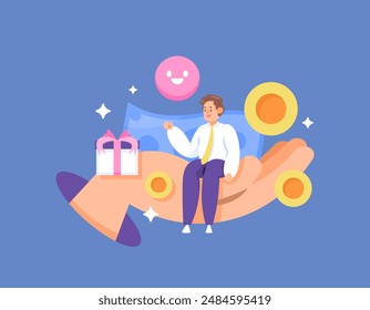 employee benefits concept. get prizes, salaries, allowances and commissions. illustration of worker sitting on boss's hand and getting bonus reward. leader's care. flat style design. graphic elements