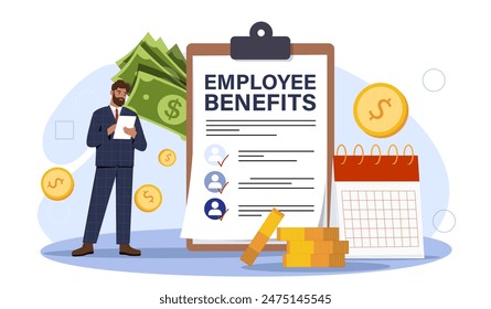 Employee benefits concept. Man near notepad, gold coins and banknotes. Social guarantees and protection for workers. Medical insurance. Cartoon flat vector illustration isolated on white background