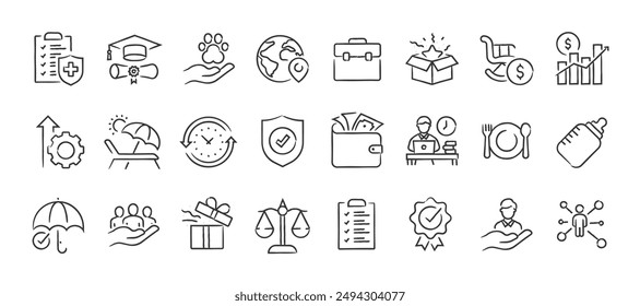 Employee benefits doodle style icons. For website marketing design, logo, app, template, ui, etc. Vector illustration.