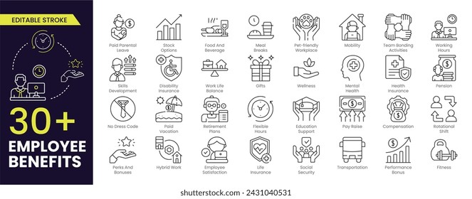 Employee benefits Editable Stroke icon set. Containing social security, pay raise, health and life insurance, paid vacation, bonus and more icons. Editable Outline, line icon collection.