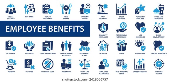 Employee benefits flat icons set. Pay raise, maternity rest, health and life insurance, paid vacation, social security icons and more signs. Flat icon collection. svg