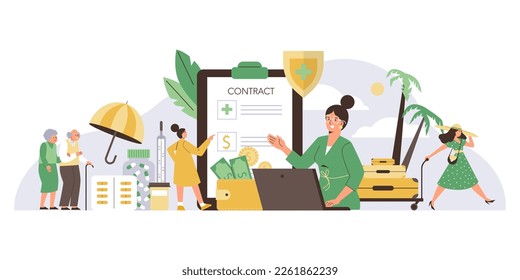 Employee benefits and guarantee of social protection of company employees, flat vector illustration. Health care and social payments and insurance for working people.