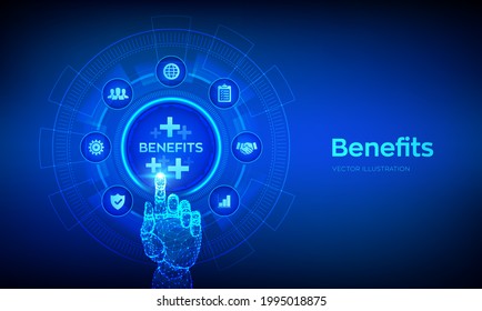 Employee Benefits Help To Get The Best Human Resources Concept On Virtual Screen. Business For Profit, Benefit, Health Insurance. Robotic Hand Touching Digital Interface. Vector Illustration.