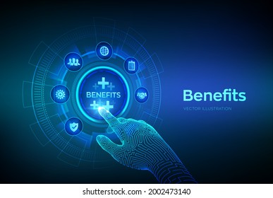 Employee Benefits Help To Get The Best Human Resources Concept On Virtual Screen. Business For Profit, Benefit, Health Insurance. Robotic Hand Touching Digital Interface. Vector Illustration.