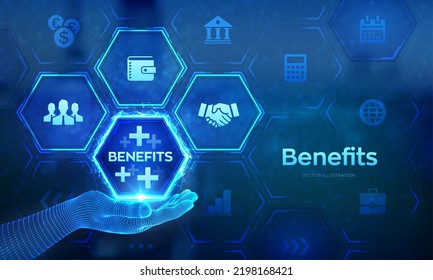 Employee benefits help to get the best human resources concept on virtual screen. Business for Profit, Benefit, health insurance. Benefit logo in wireframe hand. Vector illustration.