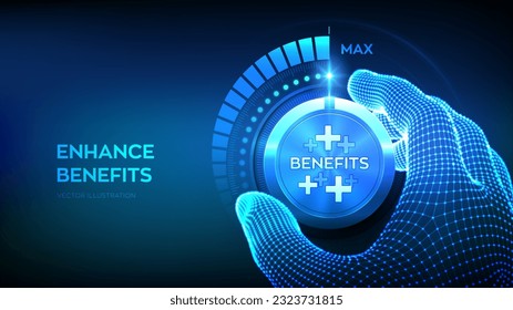 Employee benefits help to get the best human resources. Wireframe hand turning a test knob with the benefit icon to the maximum position. Business for Profit, health insurance. Vector illustration.