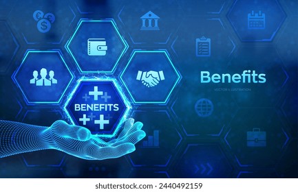 Employee benefits help to get the best human resources concept on virtual screen. Business for Profit, Benefit, health insurance. Wireframe hand touching digital interface. Vector illustration.