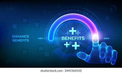 Los beneficios de los empleados ayudan a obtener los mejores recursos humanos. La mano está tirando hacia arriba hasta la barra de progreso del círculo de posición máxima con el icono de beneficio. Negocio con fines de lucro, beneficio, seguro de salud. Vector.