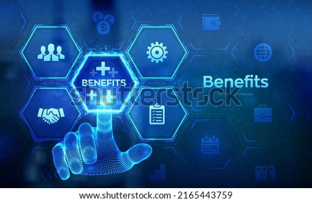 Employee benefits help to get the best human resources concept on virtual screen. Business for Profit, Benefit, health insurance. Wireframe hand touching digital interface. Vector illustration.