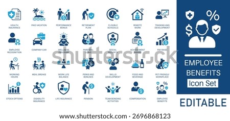 Employee Benefits and Human Resources solid icon set. Featuring Health Insurance, Remote Work, Work Life Balance, and Flexible Schedule. Flat vector design for company culture and employee onboarding.