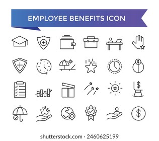 Employee benefits icon collection. Related to social security, pay raise, health and life insurance, paid vacation, bonus and more icons set.