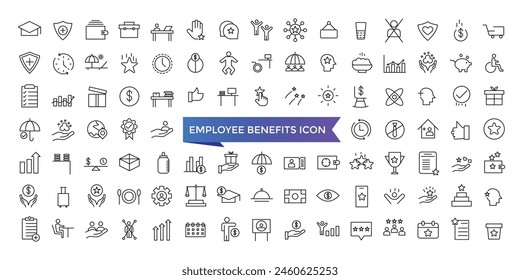 Employee benefits icon collection. Related to social security, pay raise, health and life insurance, paid vacation, bonus and more icons set.