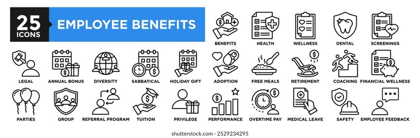 Employee Benefits icon collection set. Containing design employee, business, insurance, health, pay, benefit, bonus