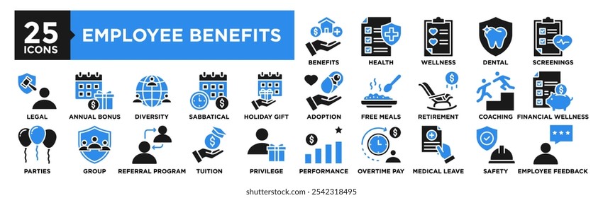 Employee Benefits icon collection set. Containing design employee, business, insurance, health, pay, benefit, bonus	