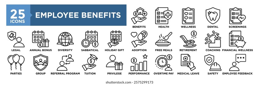 Employee Benefits icon collection set. Containing design employee, business, insurance, health, pay, benefit, bonus	